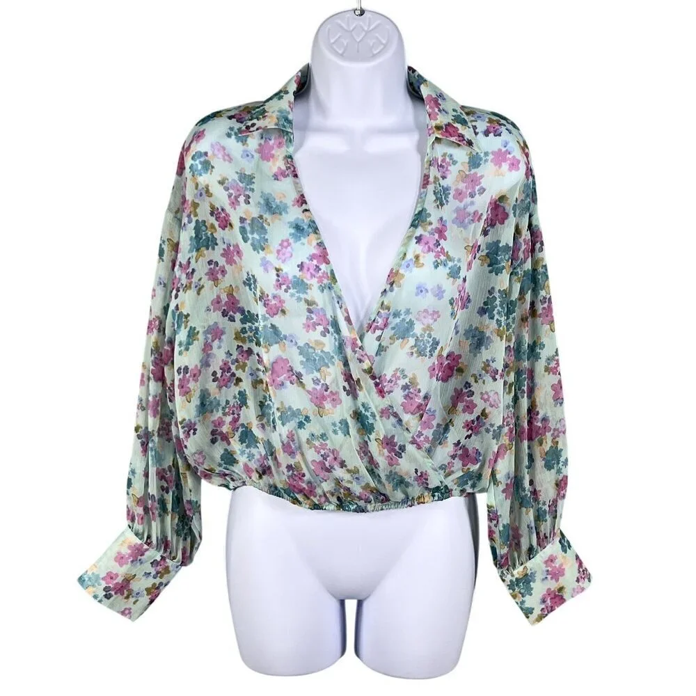 Zara NWT Womens S Floral Wrap Blouse Bell Sleeves Fairy Pastel Chiffon Crop Top - Picture 8 of 15